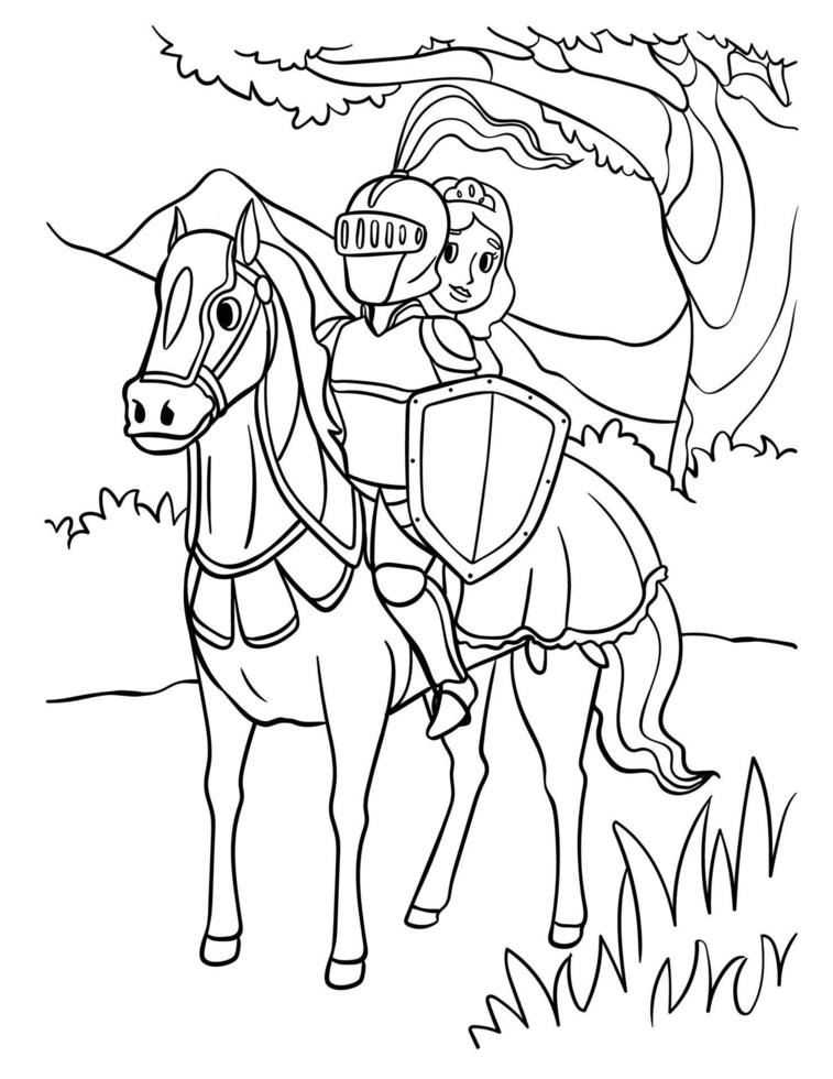 Coloriage chevalier et princesse à cheval vecteur