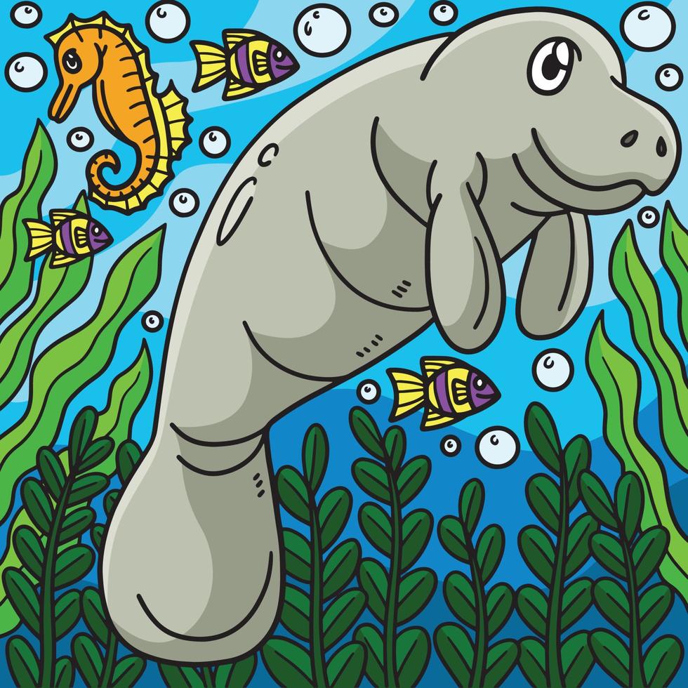 dessin animé coloré animal marin lamantin vecteur