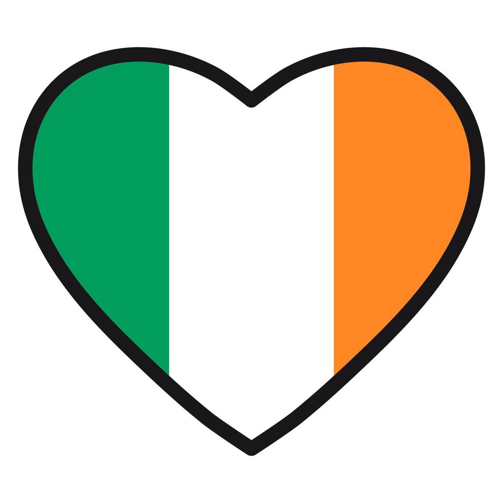 drapeau de l'irlande en forme de coeur avec contour contrasté, symbole de l'amour pour son pays, patriotisme, icône du jour de l'indépendance. vecteur