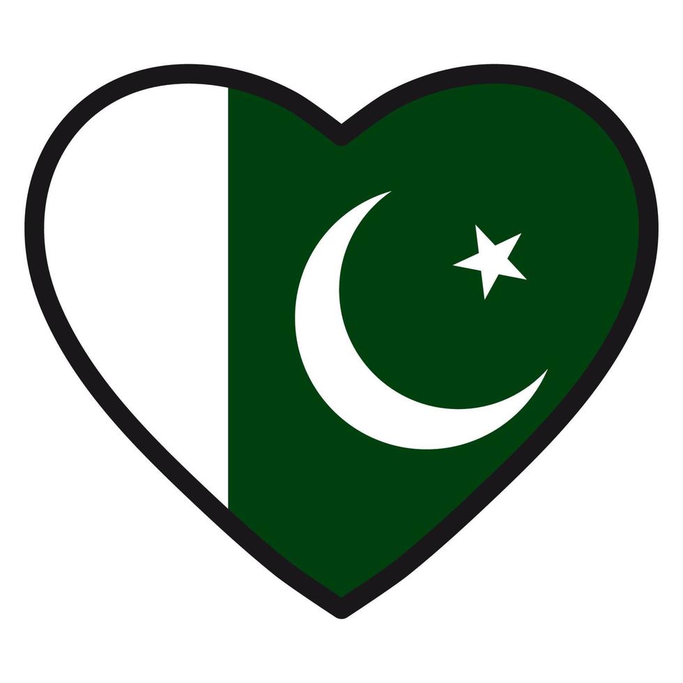 drapeau pakistanais en forme de coeur avec contour contrasté, symbole de l'amour pour son pays, patriotisme, icône du jour de l'indépendance. vecteur