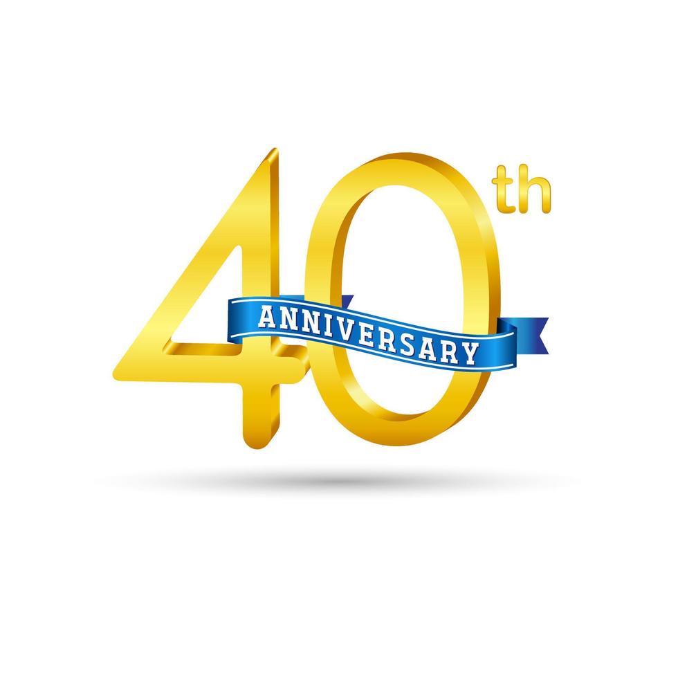 Logo du 40e anniversaire d'or avec ruban bleu isolé sur fond blanc. logo d'anniversaire d'or 3d vecteur