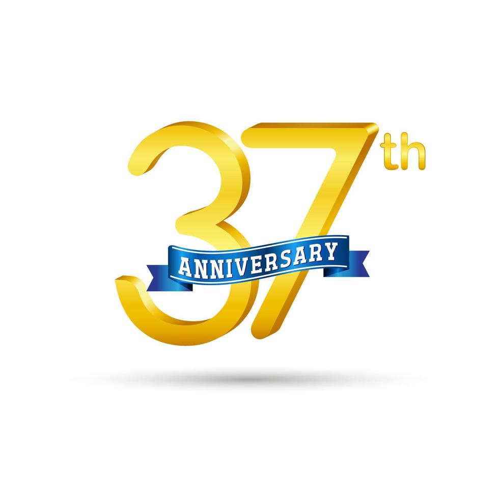 Logo du 37e anniversaire d'or avec ruban bleu isolé sur fond blanc. logo d'anniversaire d'or 3d vecteur