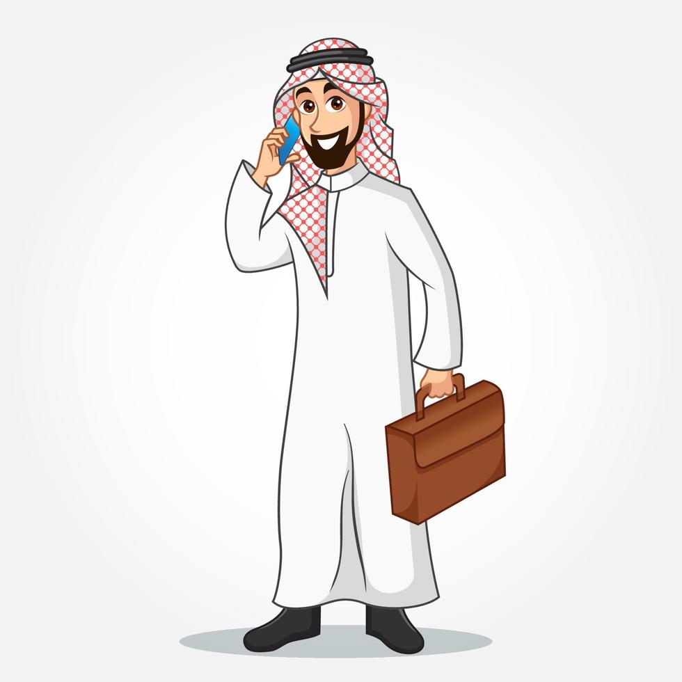 personnage de dessin animé d'homme d'affaires arabe en vêtements traditionnels parlant sur un téléphone intelligent et tenant une mallette vecteur
