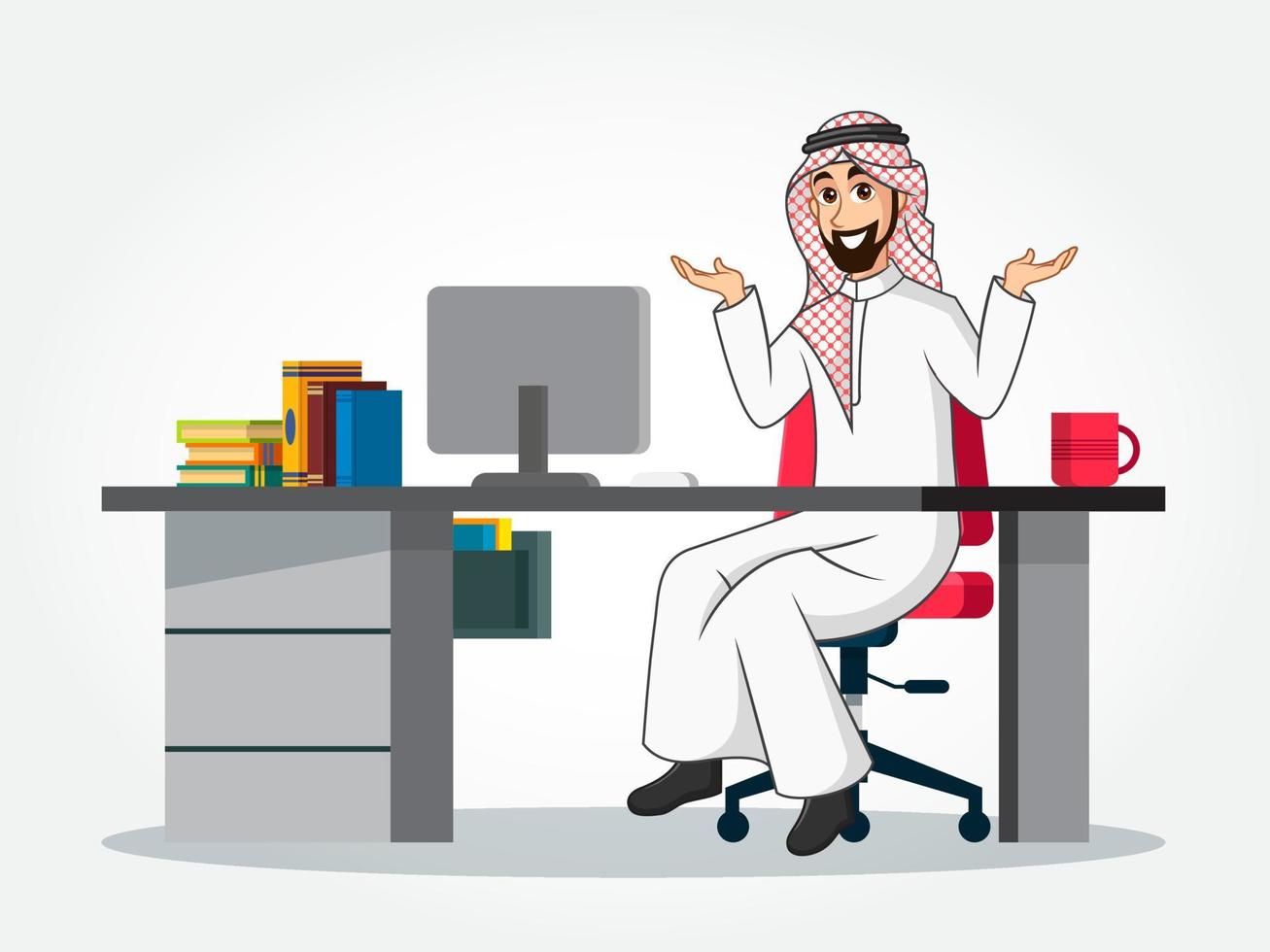 personnage de dessin animé d'homme d'affaires arabe en vêtements traditionnels assis à son bureau, écartant les mains sur les côtés vecteur