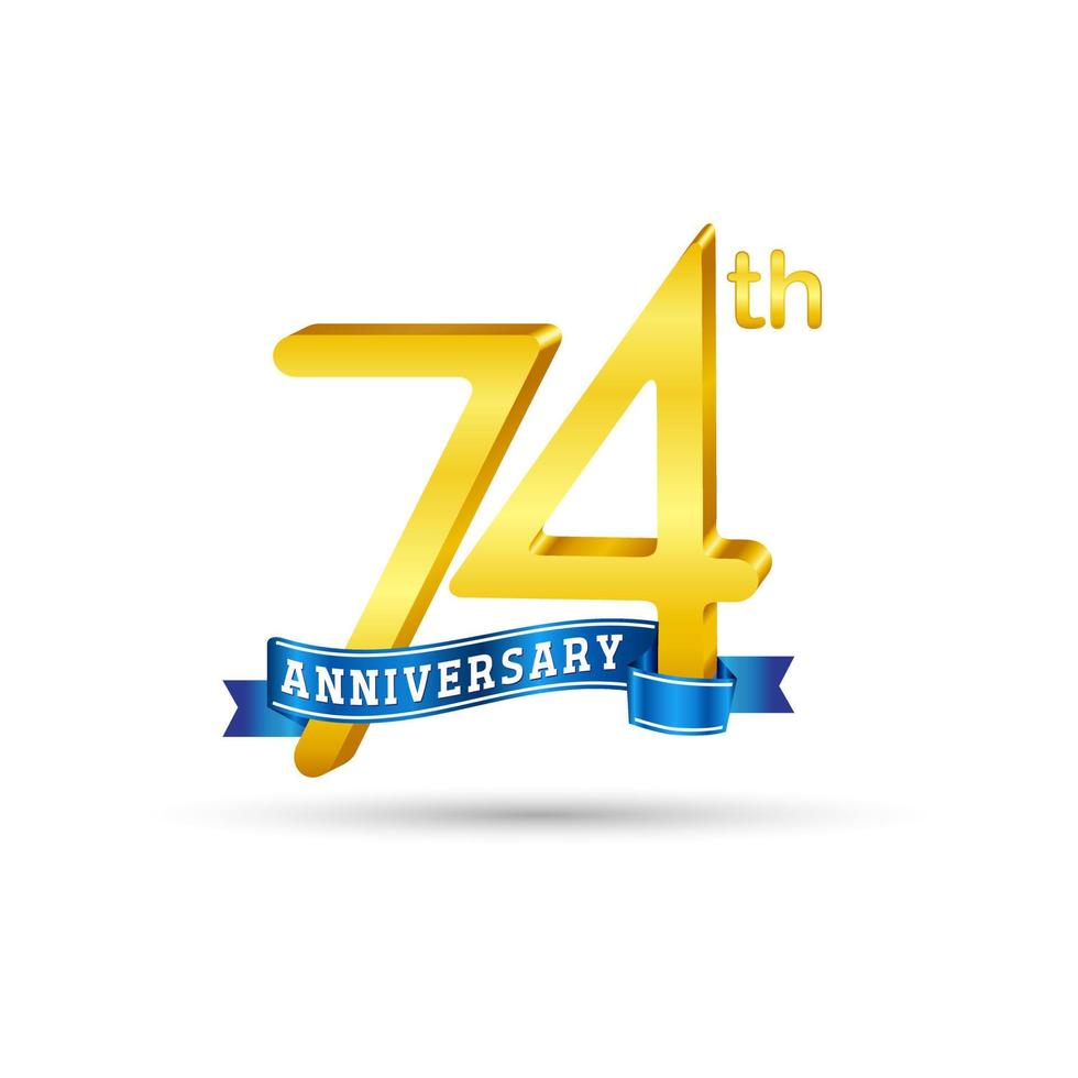 Logo du 74e anniversaire d'or avec ruban bleu isolé sur fond blanc. logo d'anniversaire d'or 3d vecteur