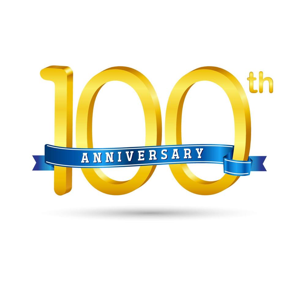 Logo du 100e anniversaire d'or avec ruban bleu isolé sur fond blanc. logo d'anniversaire d'or 3d vecteur