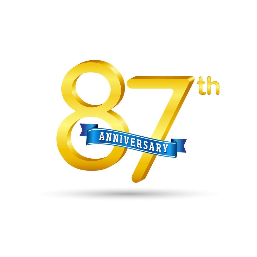 Logo du 87e anniversaire d'or avec ruban bleu isolé sur fond blanc. logo d'anniversaire d'or 3d vecteur