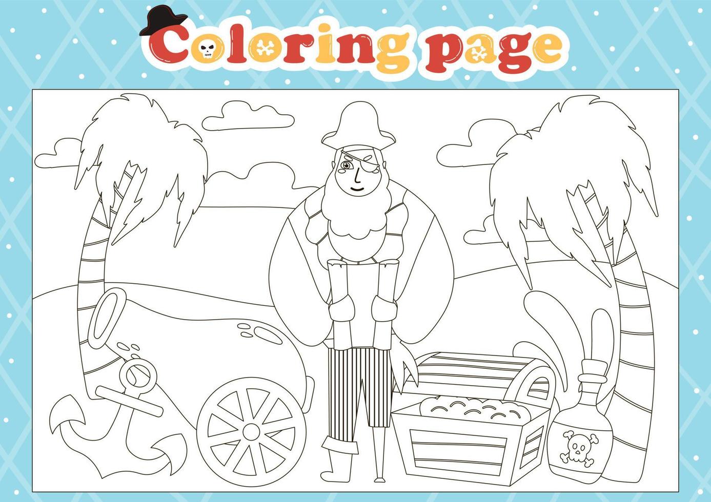 page de coloriage sur le thème de la mer pour les enfants avec un joli personnage de pirate tenant une carte et un coffre avec des pièces vecteur