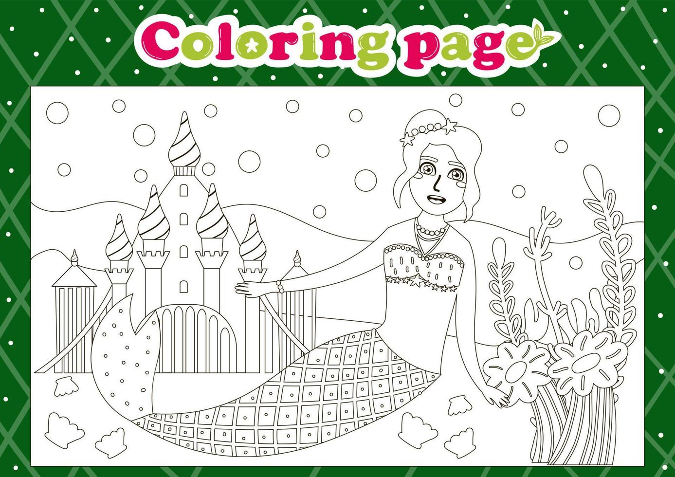 page de coloriage sur le thème des contes de fées pour les enfants avec un joli personnage de sirène et un royaume sous-marin vecteur