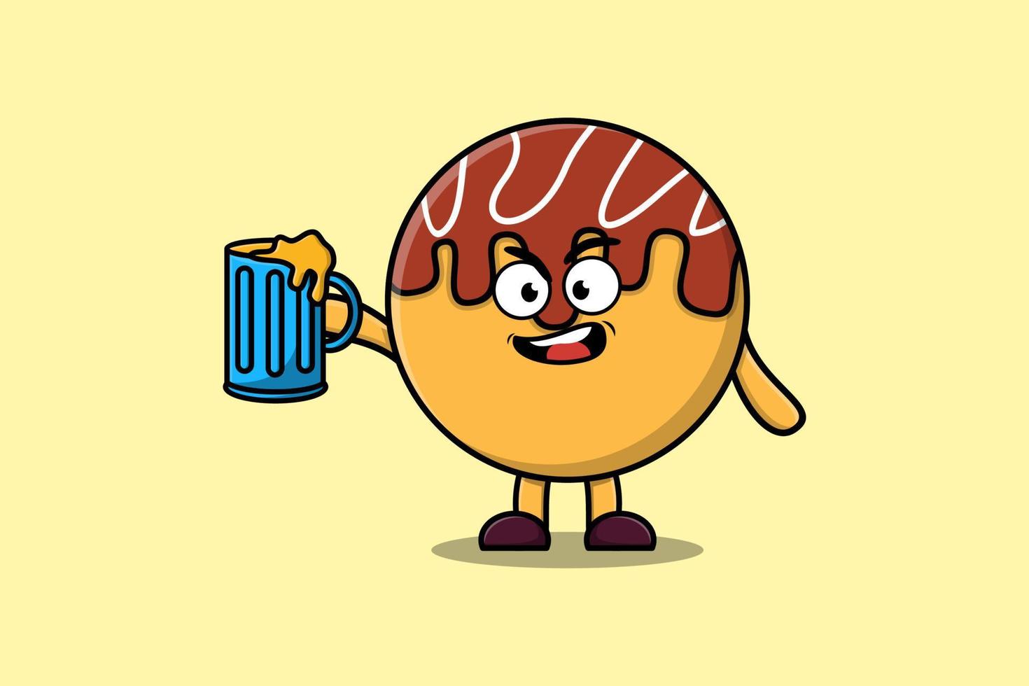 personnage de dessin animé mignon takoyaki avec verre à bière vecteur