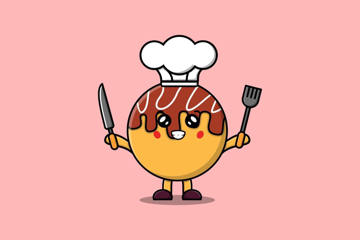 chef takoyaki dessin animé mignon tenant un couteau et une fourchette vecteur