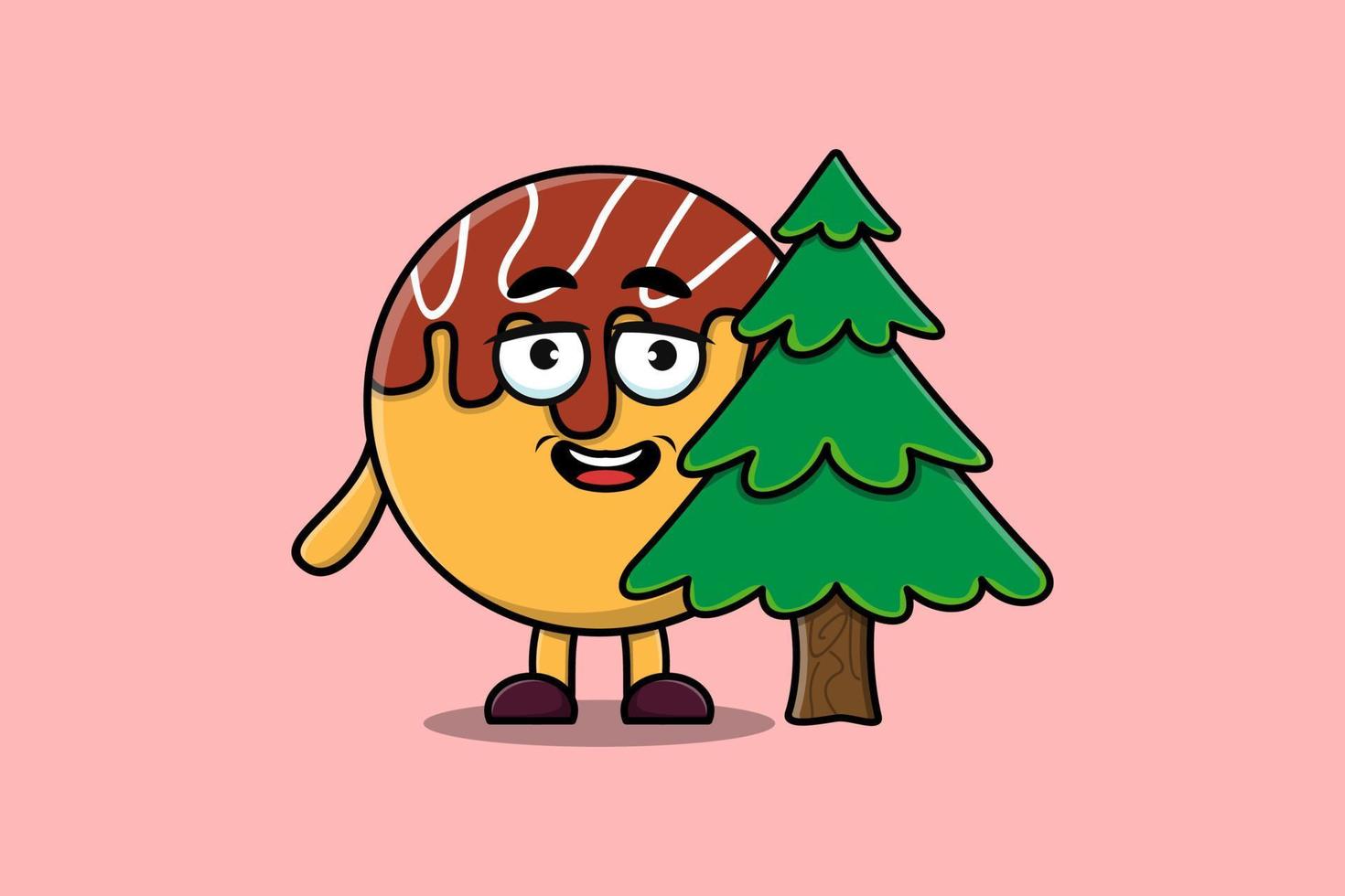 personnage takoyaki de dessin animé mignon cachant un arbre vecteur