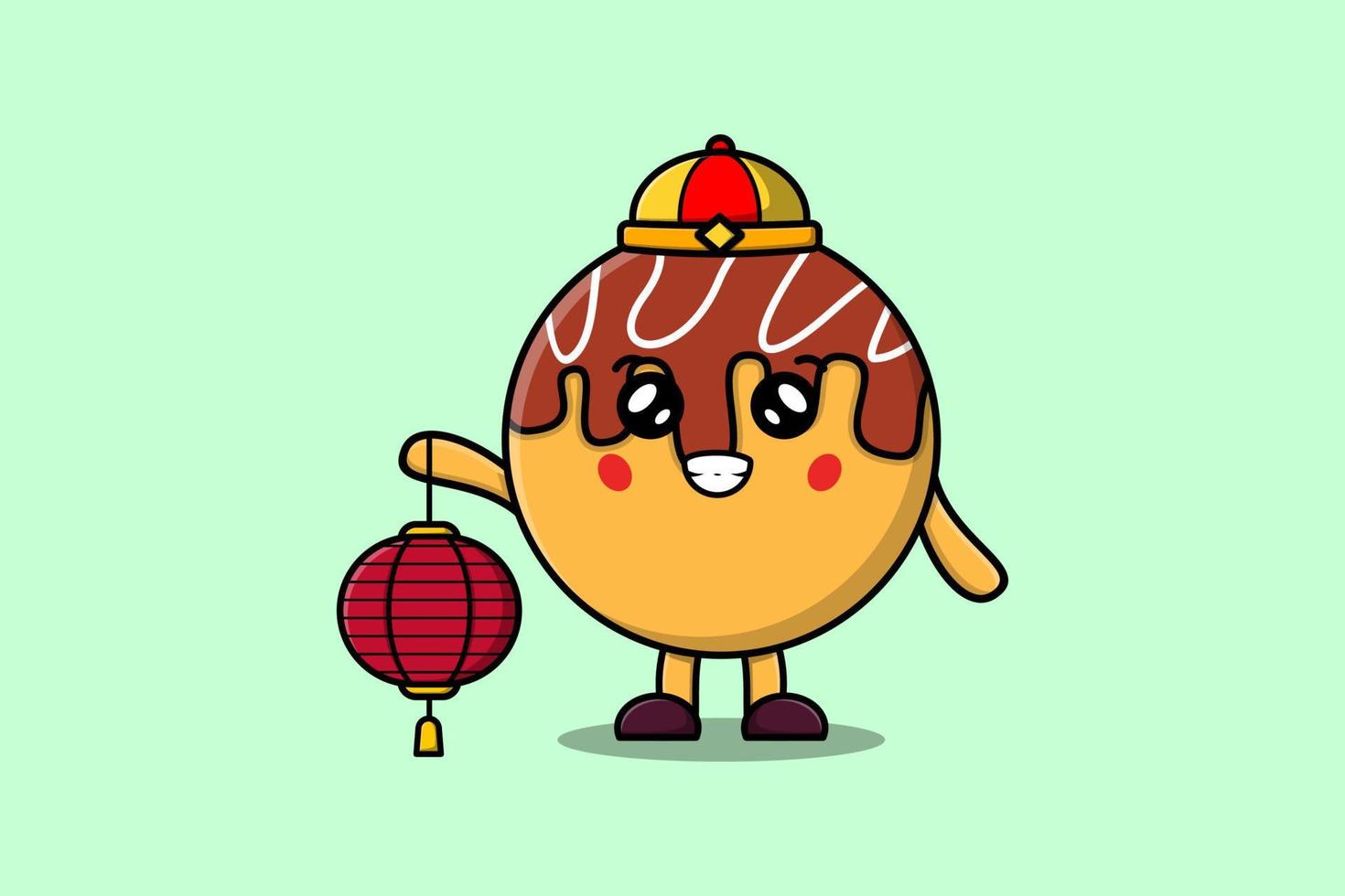 dessin animé mignon takoyaki chinois tenant une lanterne vecteur
