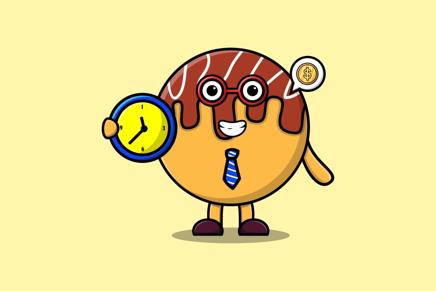 personnage takoyaki de dessin animé mignon tenant une horloge vecteur