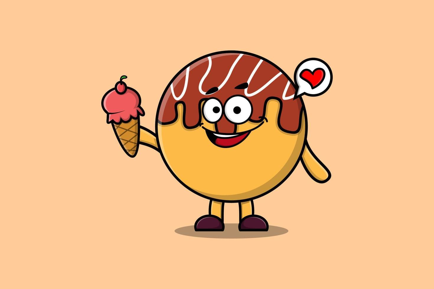 dessin animé mignon takoyaki tenant un cornet de crème glacée vecteur