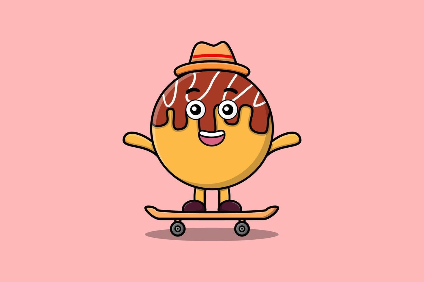 takoyaki de dessin animé mignon debout sur une planche à roulettes vecteur