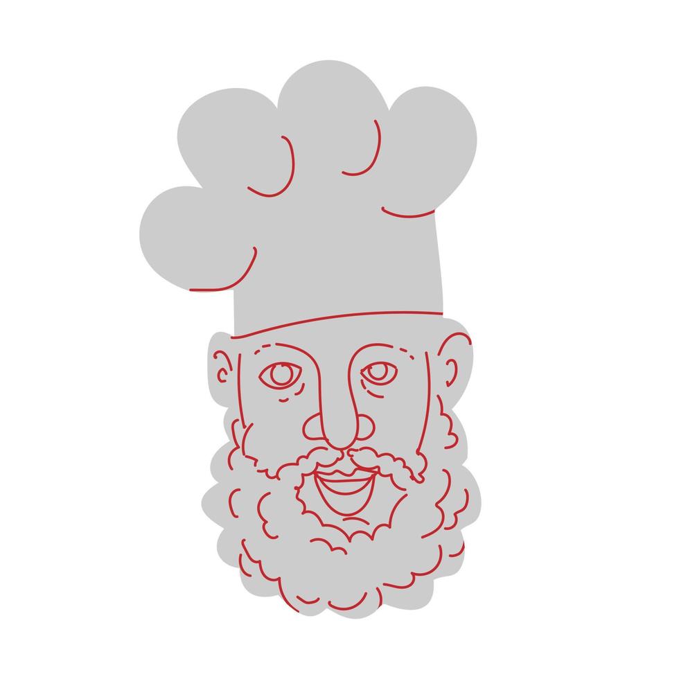 chef avec barbe portant chapeau toque blanche dessin au trait mono vecteur