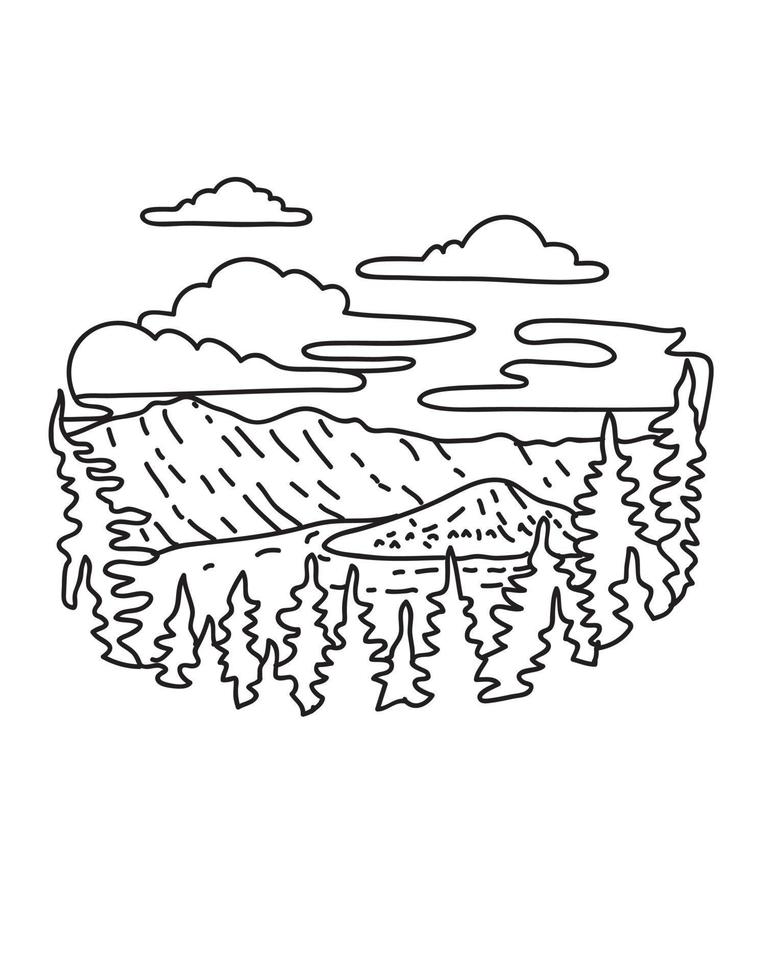 parc national de Crater Lake dans le sud de l'oregon dessin d'art en ligne monoline vecteur
