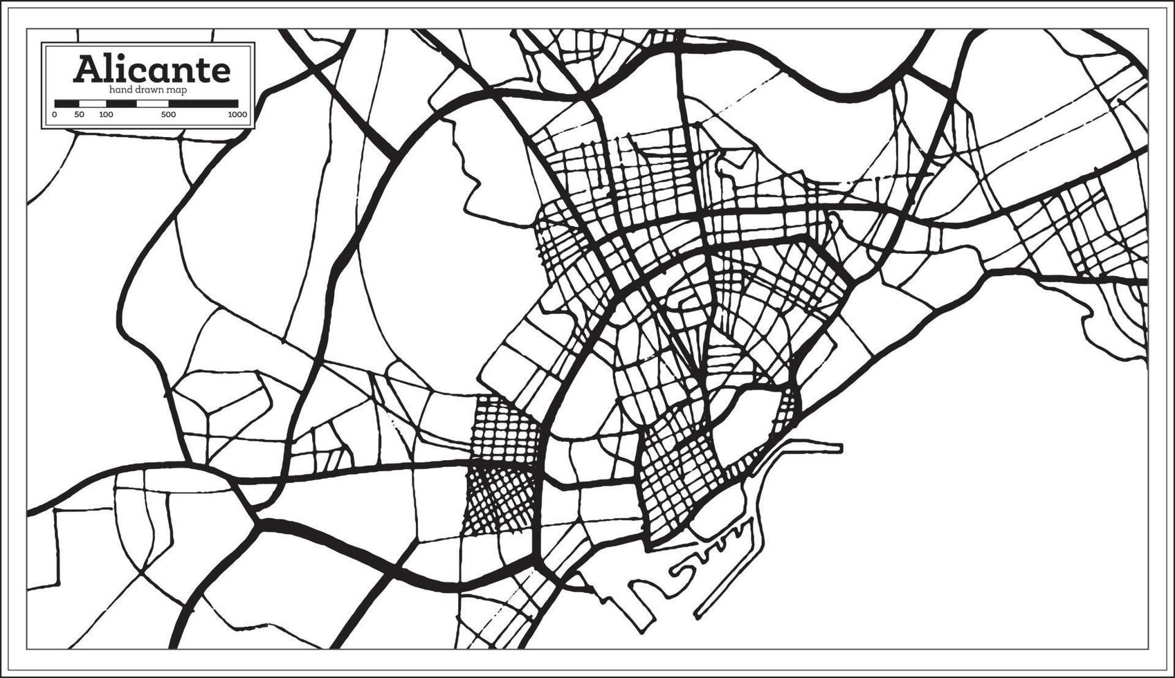 plan de la ville d'alicante en espagne dans un style rétro. carte muette. vecteur