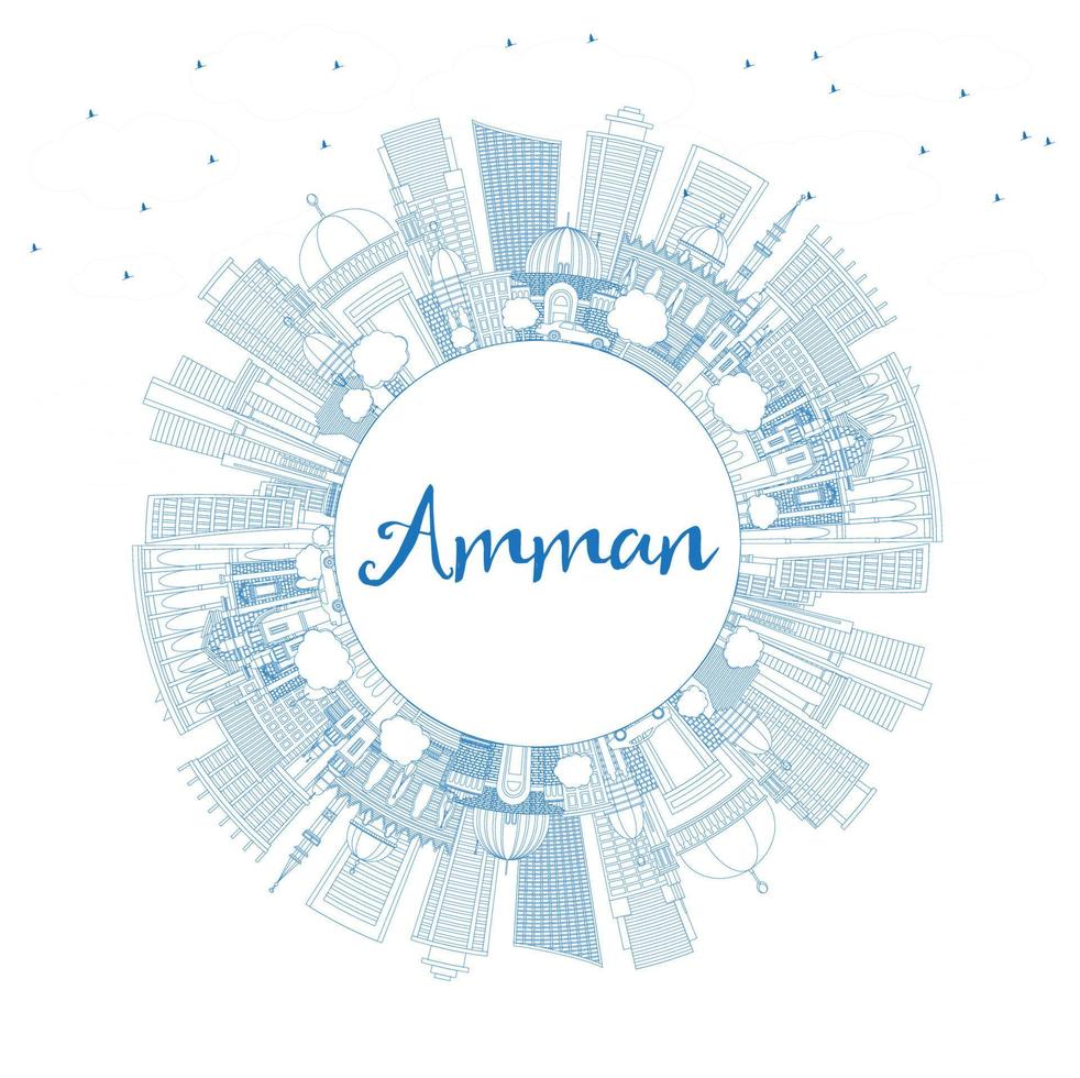 contour amman jordan skyline avec bâtiments bleus et espace de copie. vecteur
