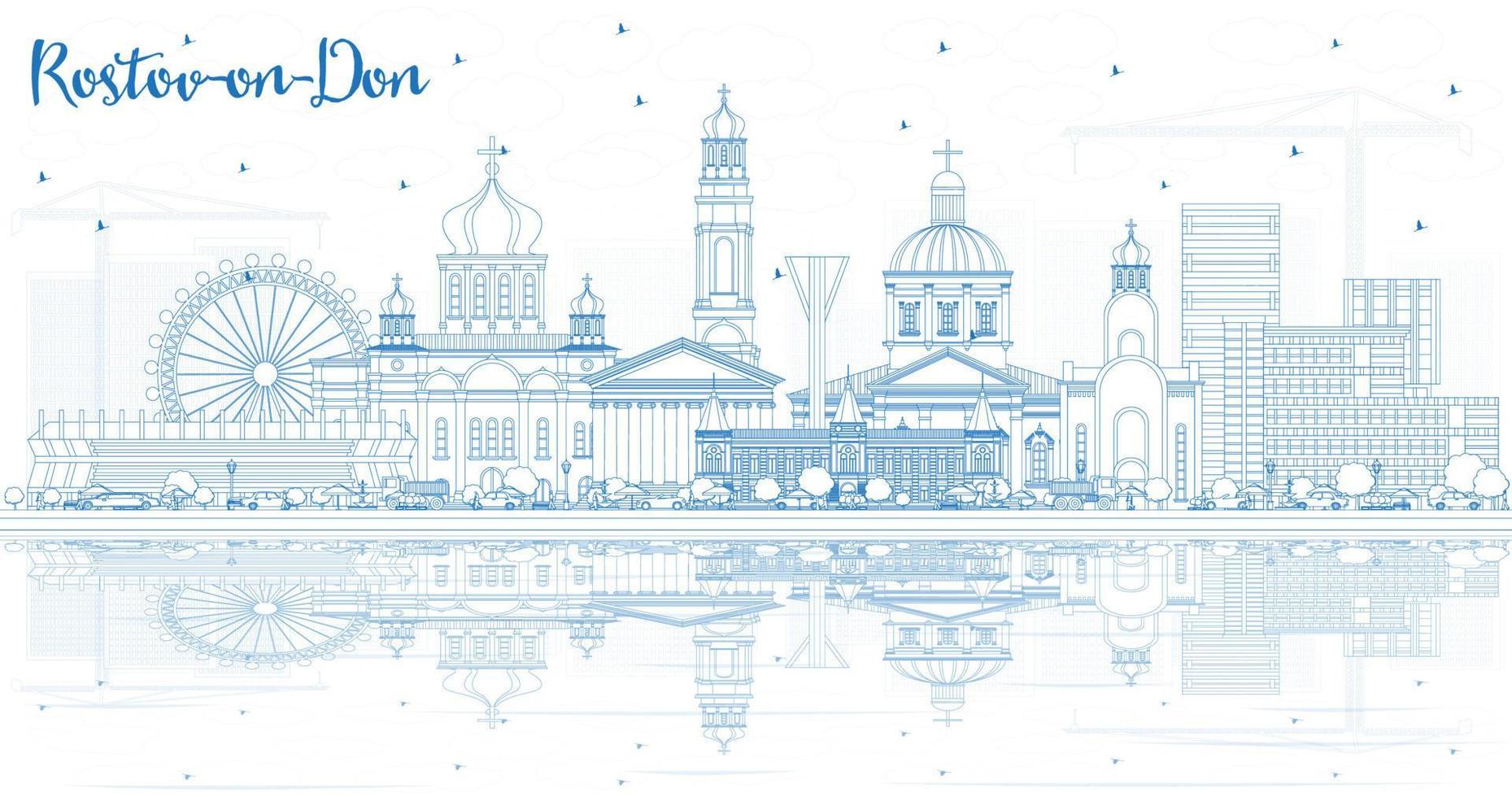 contour de la ville de rostov-on-don russie avec des bâtiments bleus et des reflets. vecteur