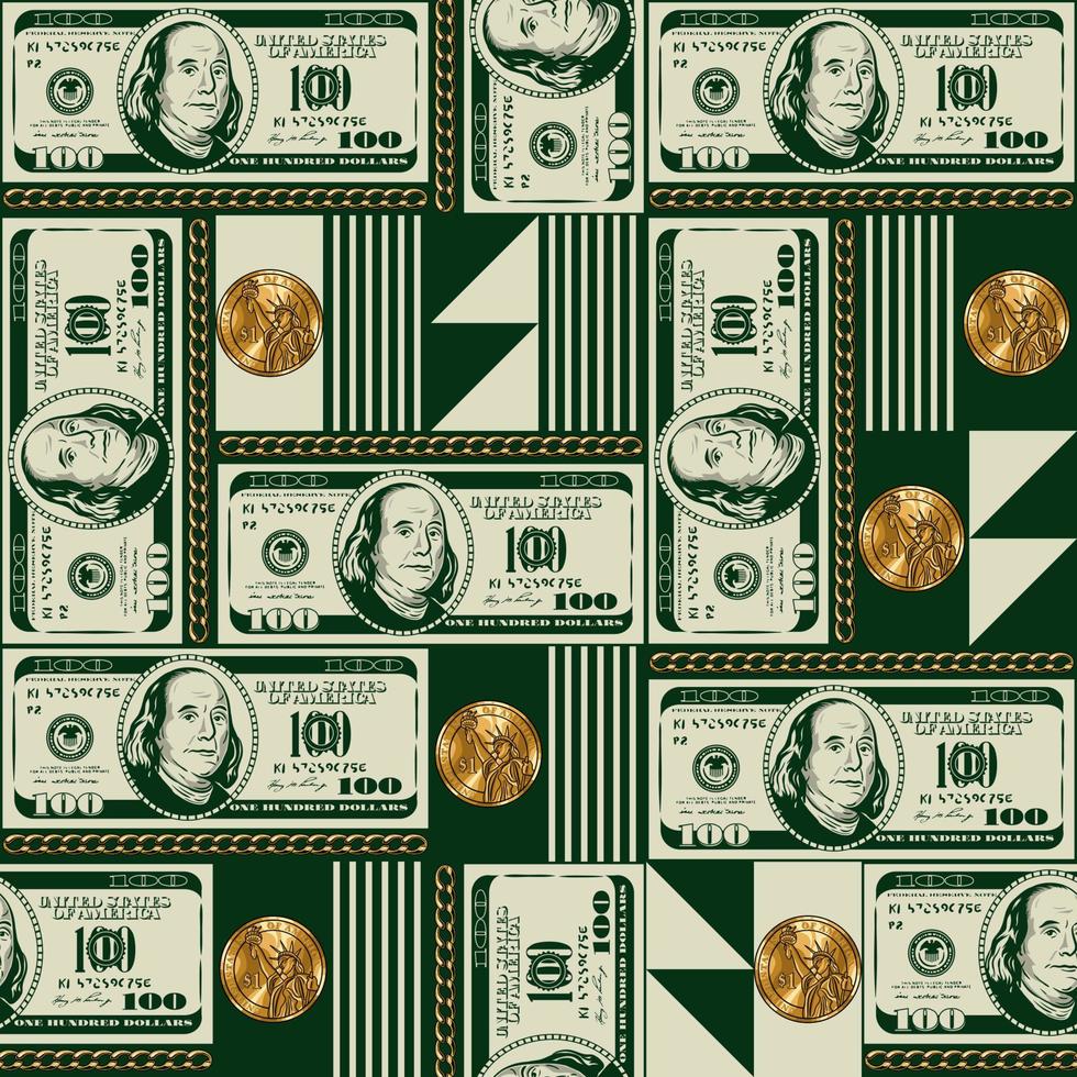 motif géométrique avec des billets de 100 dollars, des pièces d'or d'un dollar, des formes géométriques simples. pour impression, couvertures, affiches, etc. vecteur