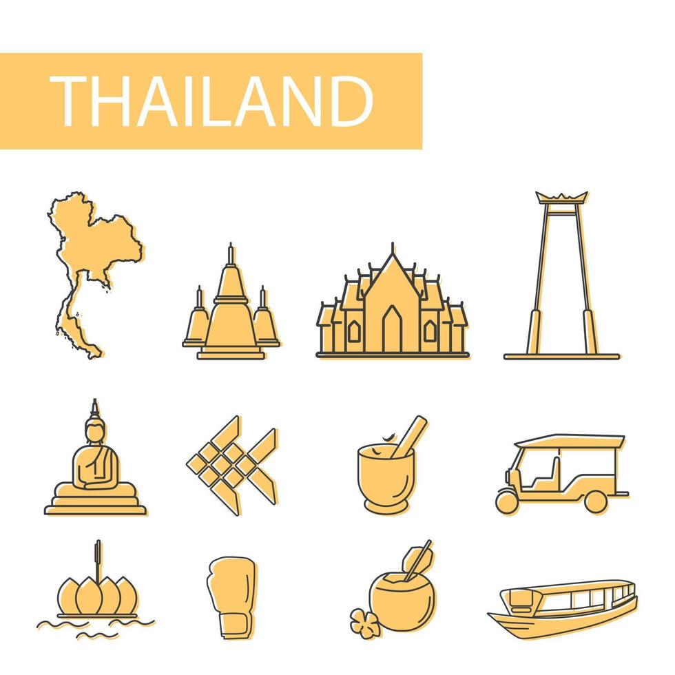 ensemble d'icônes de thaïlande. ensemble de carte, architecture, tradition et plus encore. vecteur