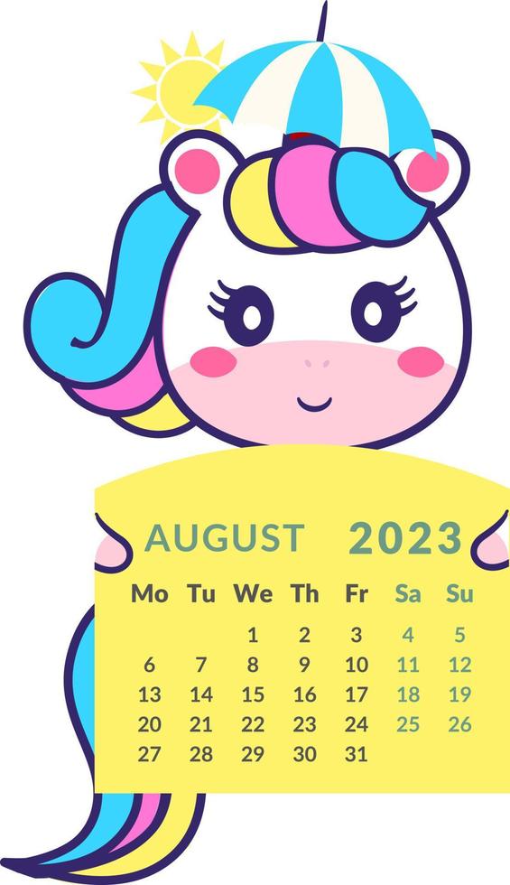 la licorne tient le mois civil d'août 2023. vecteur