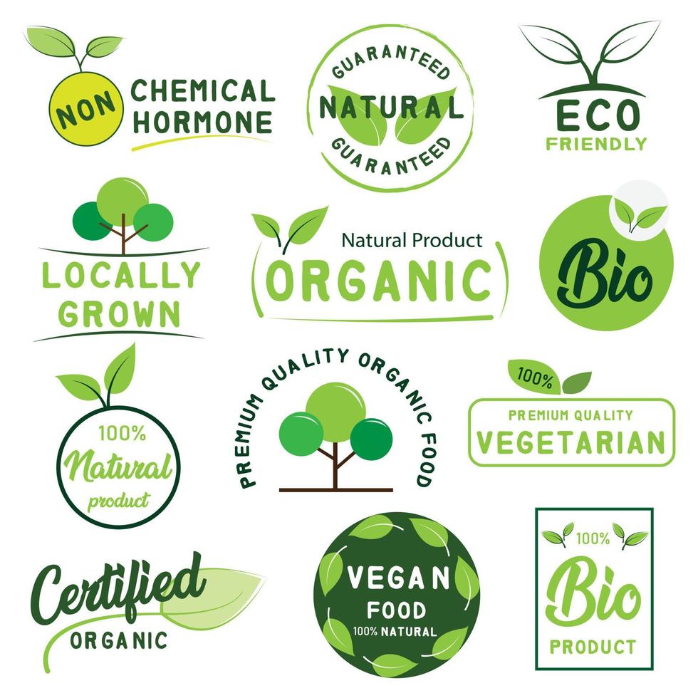 ensemble d'éléments de signe, logo, badges et étiquettes pour le marché des aliments et boissons biologiques et naturels. vecteur