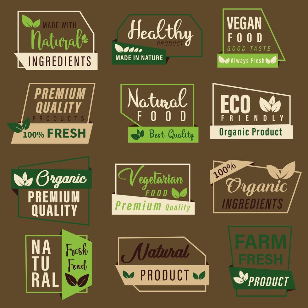 ensemble de logo, autocollants et badges pour aliments et boissons biologiques, produits naturels, vie saine, magasin d'alimentation et promotion de produits. vecteur