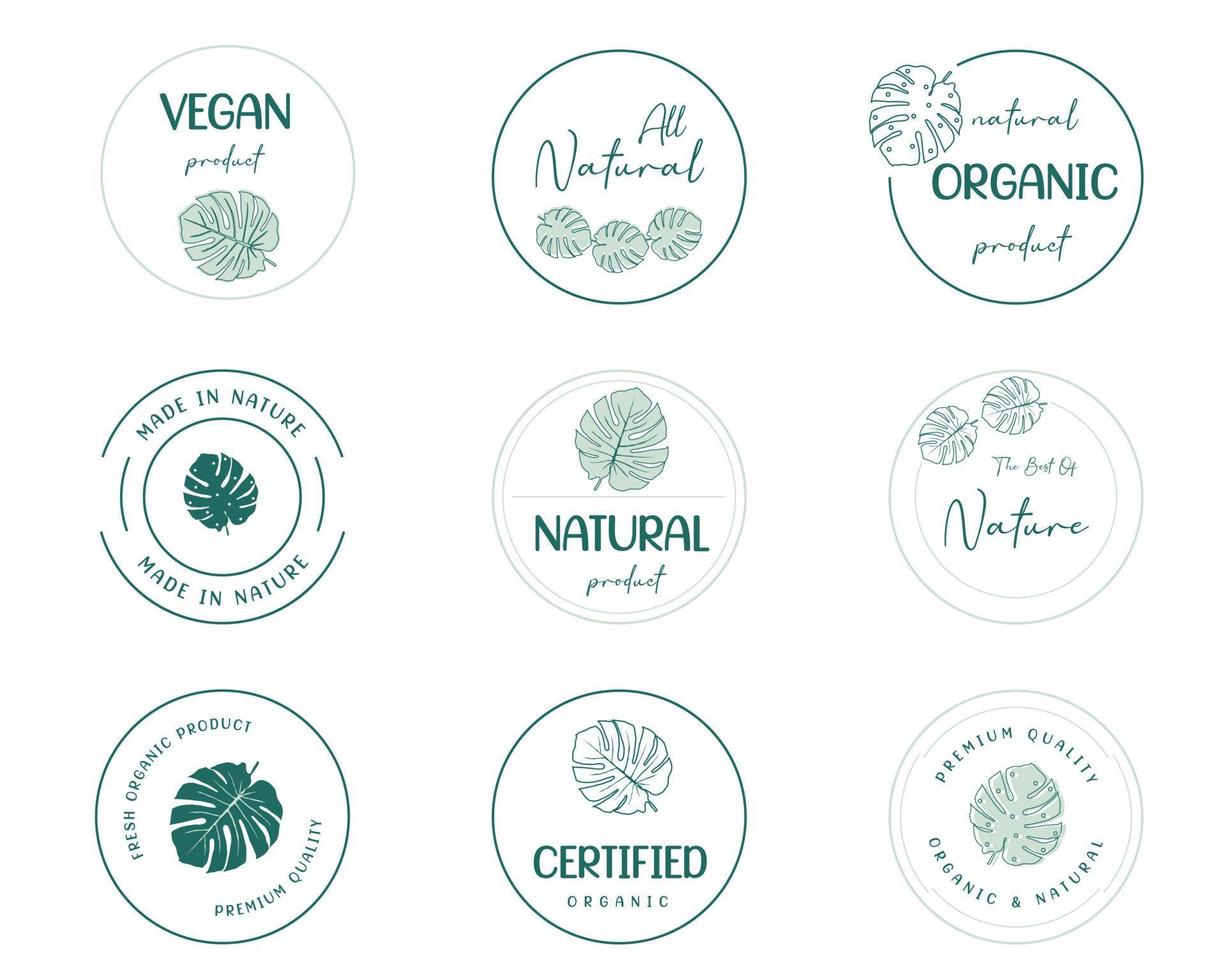 aliments biologiques, produits naturels et logo, autocollants et badges de vie saine. vecteur