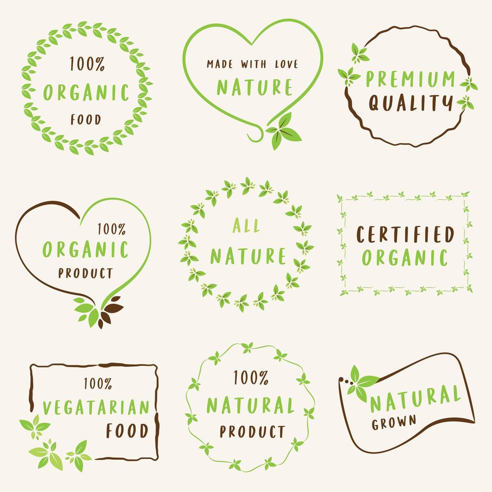 ensemble d'aliments biologiques, de produits naturels et de logo, d'autocollants et de badges de vie saine. vecteur