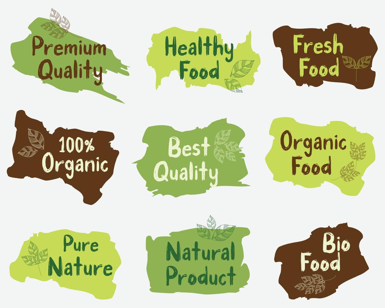 aliments biologiques, produits naturels et logo, autocollants et badges de vie saine. vecteur