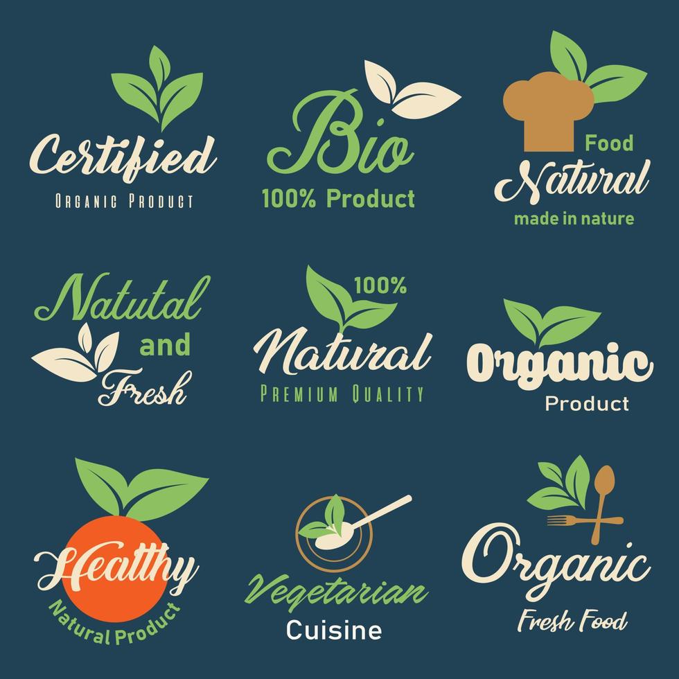 ensemble d'éléments de signe, logo, badges et étiquettes pour le marché des aliments et boissons biologiques et naturels. vecteur