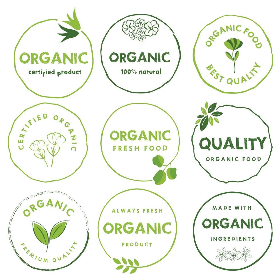 aliments biologiques, produits naturels et logo, autocollants et badges de vie saine. vecteur