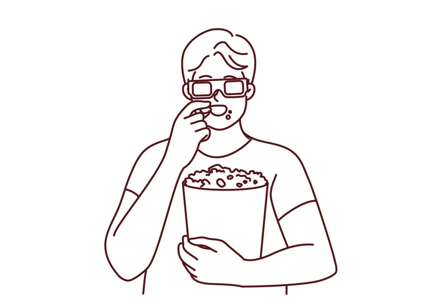 heureux jeune homme dans des lunettes 3d mangeant du pop-corn en regardant un film au cinéma. un homme souriant prend une collation et regarde un film au théâtre le week-end. divertissement. illustration vectorielle. vecteur