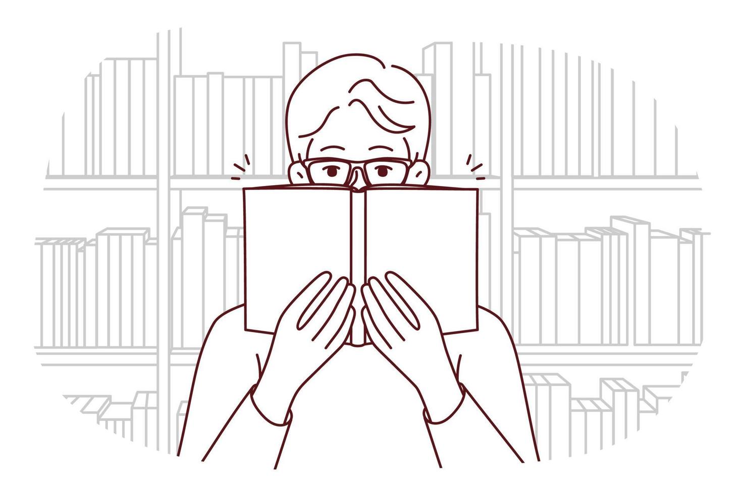 homme à lunettes lisant un livre dans la bibliothèque. un gars heureux dans les lunettes aime la littérature dans la librairie. l'éducation et l'apprentissage. illustration vectorielle. vecteur