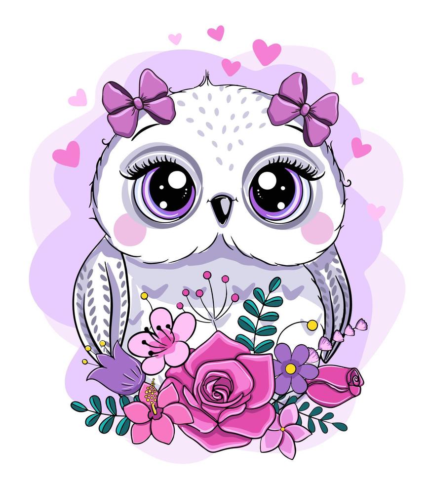 petit hibou mignon et fleurs. illustration vectorielle de dessin animé vecteur