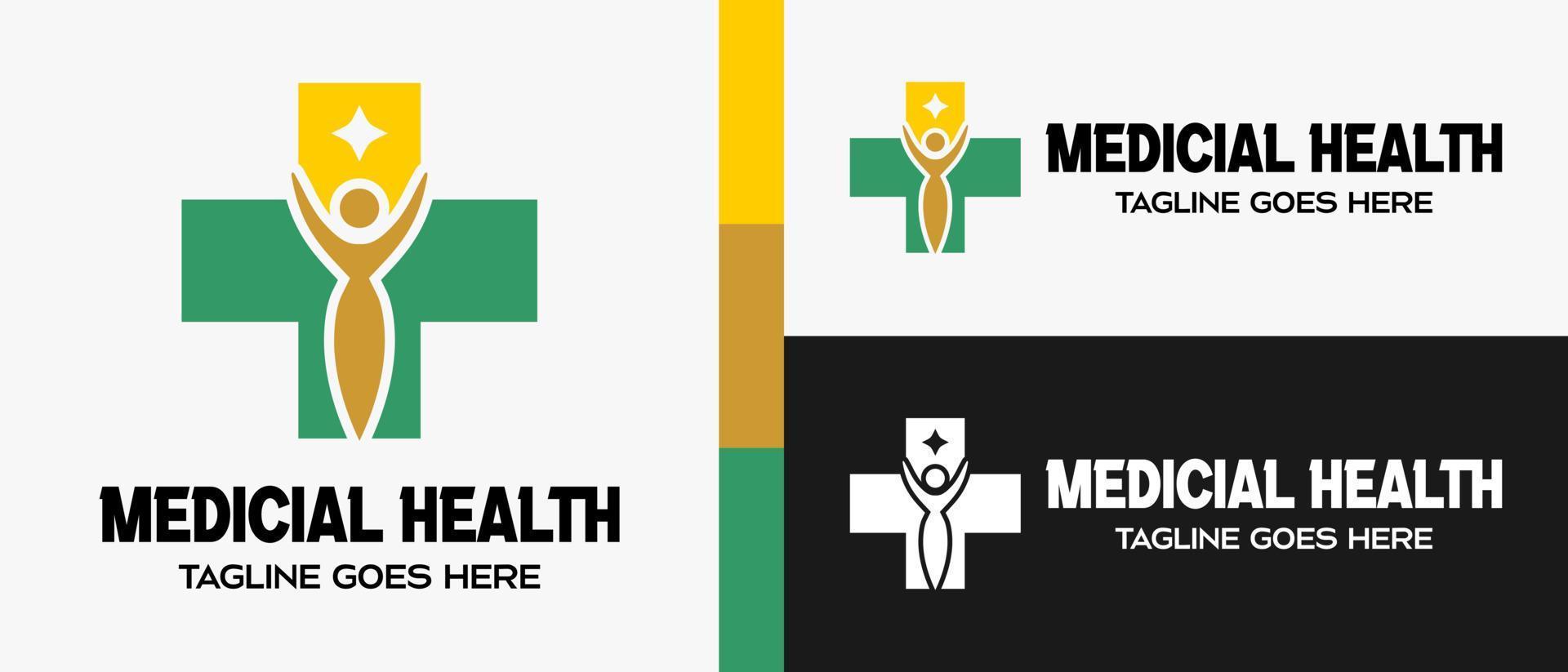 modèle de conception de logo croix ou signe plus avec icône de personnes et étoile. logo pour la santé médicale. illustration vectorielle vecteur