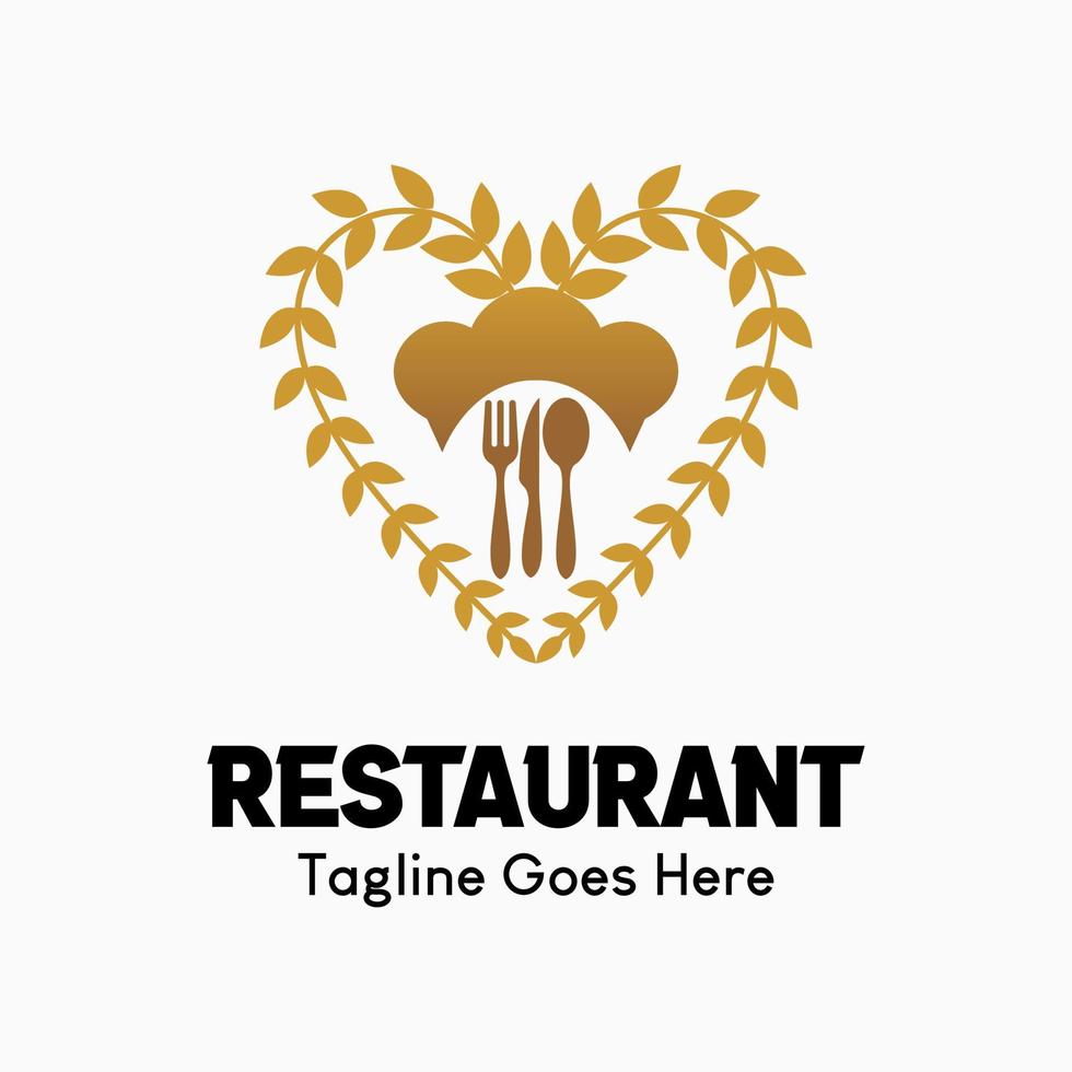 logo vectoriel de restaurant inspirant. logotype créatif abstrait. icône de blé ou de riz, chapeau de chef et couverts au coeur. illustration de logo classique, vintage et moderne. modèle de logo d'entreprise.