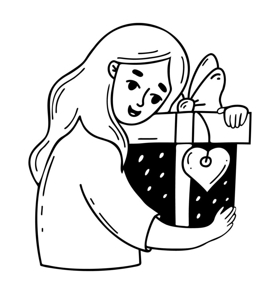 jolie fille avec une grande boîte-cadeau. doodle dessiné à la main de vecteur. personnage féminin pour la conception de thèmes de vacances, de cadeaux et de ventes. vecteur