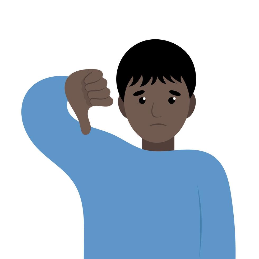 portrait d'un garçon de dessin animé noir montrant le pouce vers le bas, n'aime pas, vecteur plat, isoler sur blanc