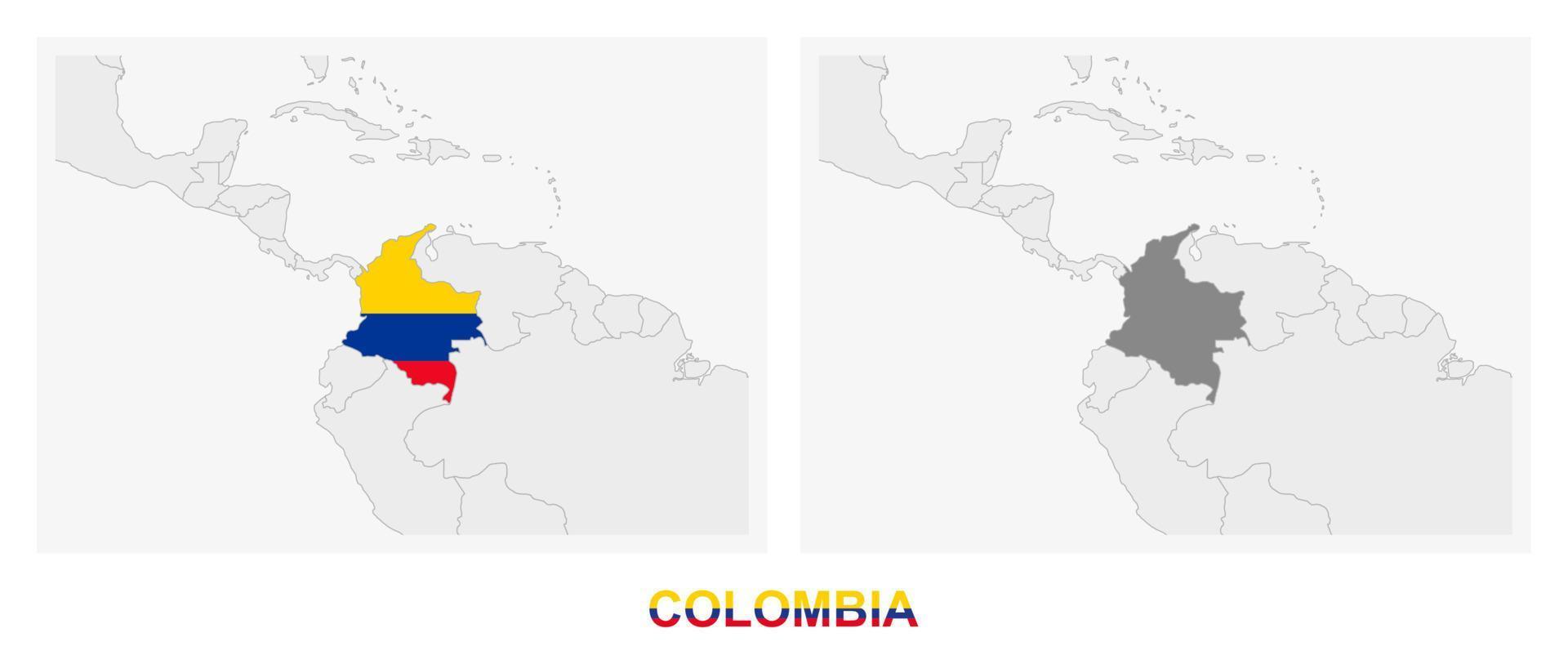 deux versions de la carte de la colombie, avec le drapeau de la colombie et surlignées en gris foncé. vecteur