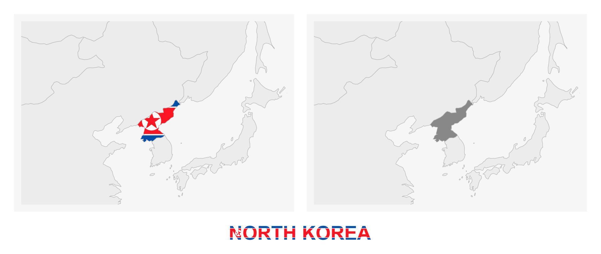 deux versions de la carte de la corée du nord, avec le drapeau de la corée du nord et surlignées en gris foncé. vecteur