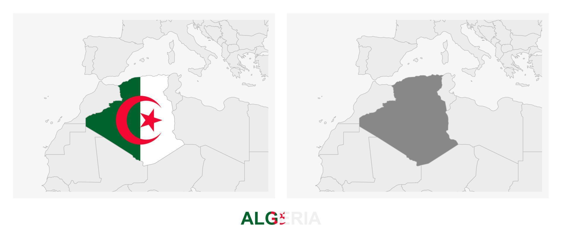 deux versions de la carte de l'algérie, avec le drapeau de l'algérie et surlignées en gris foncé. vecteur
