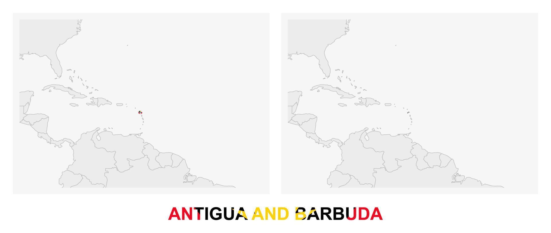 deux versions de la carte d'antigua-et-barbuda, avec le drapeau d'antigua-et-barbuda et surligné en gris foncé. vecteur