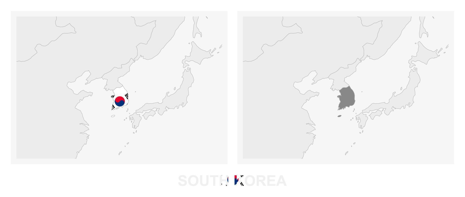 deux versions de la carte de la corée du sud, avec le drapeau de la corée du sud et surlignées en gris foncé. vecteur