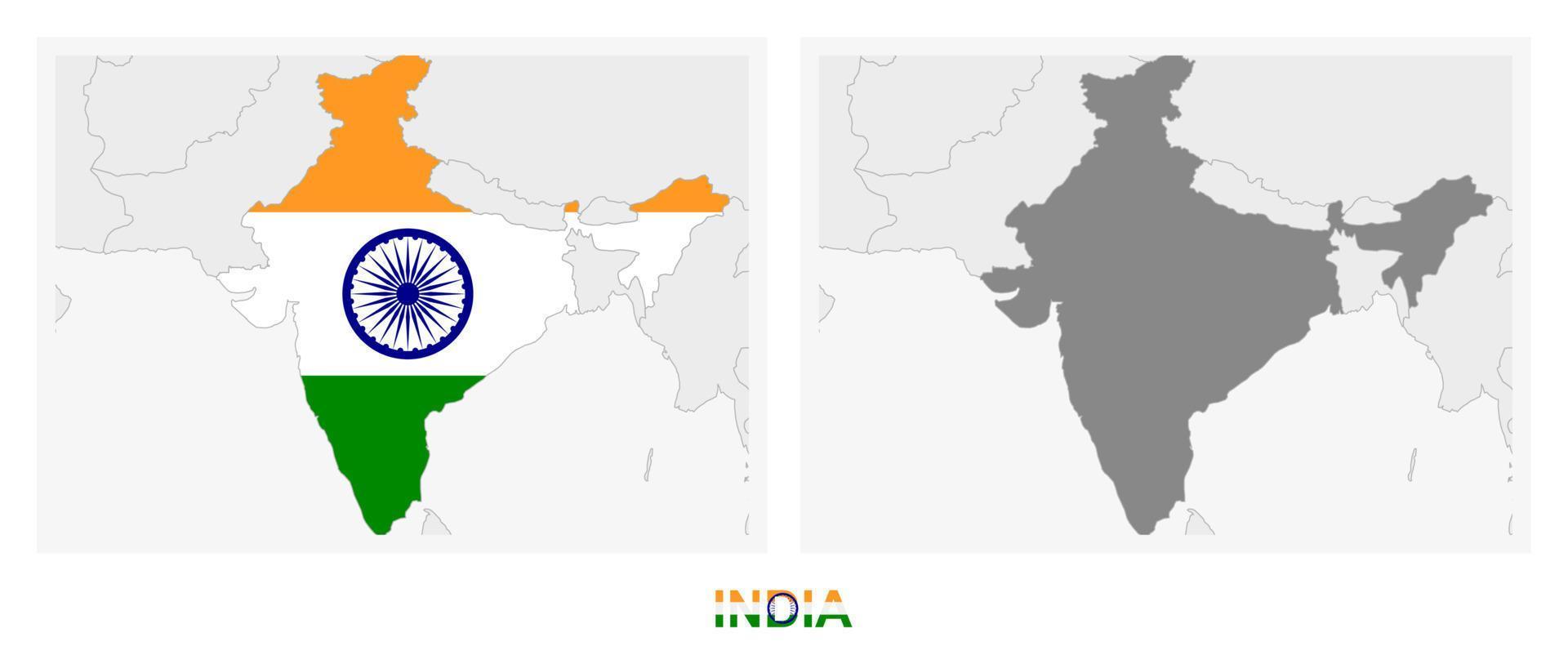 deux versions de la carte de l'inde, avec le drapeau de l'inde et surlignées en gris foncé. vecteur