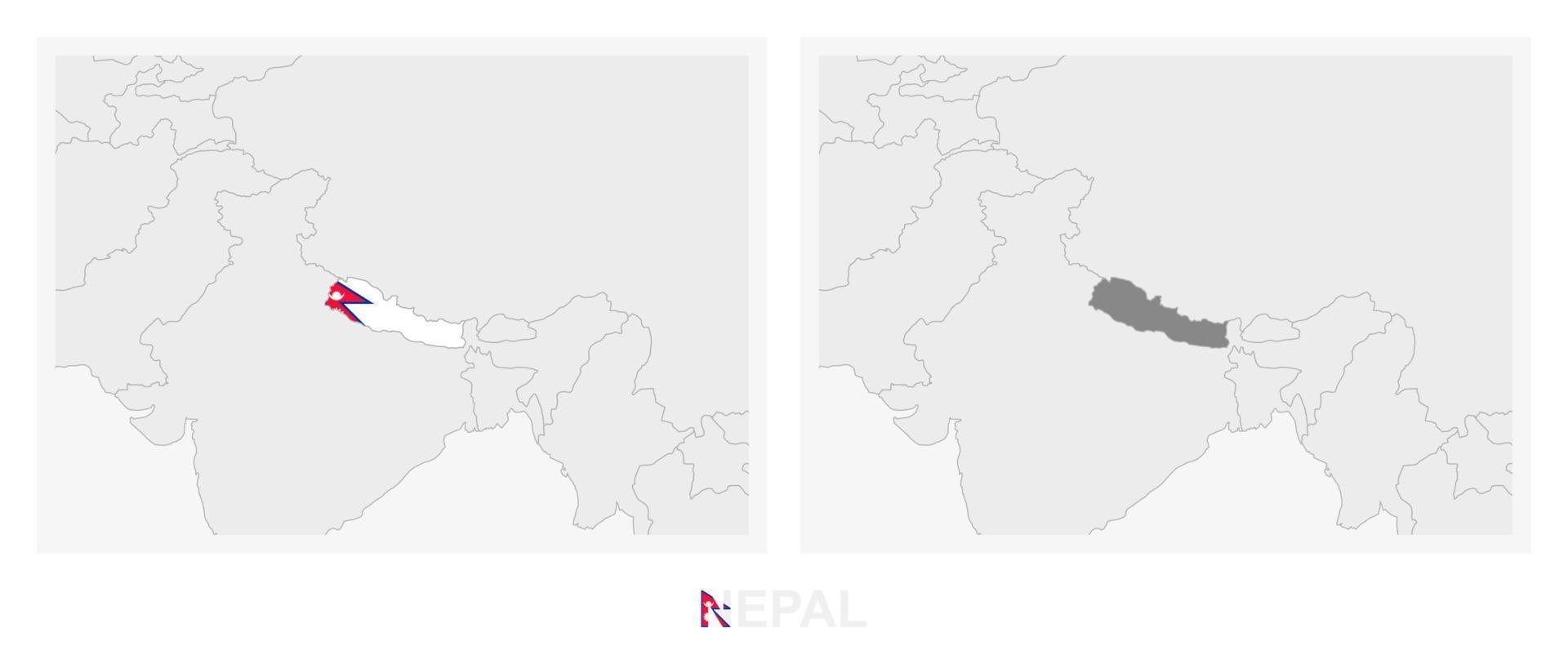 deux versions de la carte du népal, avec le drapeau du népal et surlignées en gris foncé. vecteur