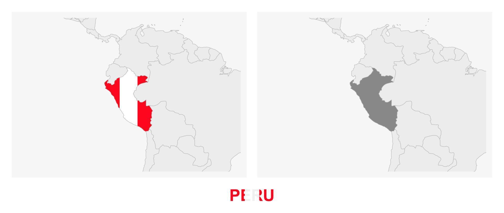 deux versions de la carte du pérou, avec le drapeau du pérou et surlignées en gris foncé. vecteur